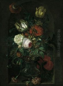 Rosen,tulpen, Nelken, Pfingstrosen Und Andere Bluten In Einer Glasernen Vase by Jan Van Huysum