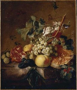 Still Life Of Grapes, Peaches, Plums And Greengages, An Open Melon And An Open Pomegranate On A Stone Table