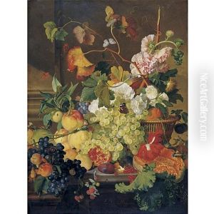 Still Life Of Grapes, Peaches, A Melon And Other Fruit, With Peonies In A Basket, All On A Stone Ledge by Jan Van Huysum