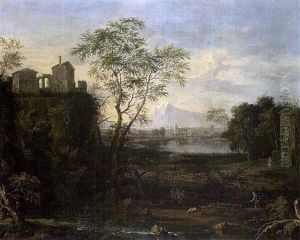 Ital. Landschaft, Links Auf Einem Hugel Hausruinen, Im Vordergrund Personenstaffage Ital. Landschaft, Links Auf Einem Hugel Hausruinen, Im Vordergrund Personenstaffage
