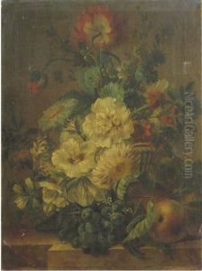 Carnations, Poppies, Roses And Other Flowers In A Basket With Black Grapes And Peaches On A Ledge by Jan Van Huysum