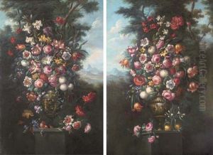 Still Life Of Flowers In A Landscape (+ Another Similar; Pair) Still Life Of Flowers In A Landscape (+ Another Similar; Pair)