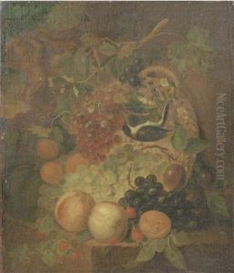 A Wicker Basket With Grapes, Peaches, Apricots, Plums And Raspberries On A Stone Ledge, A Bird Nearby With A Classical Sculpture Beyond by Jan Van Huysum