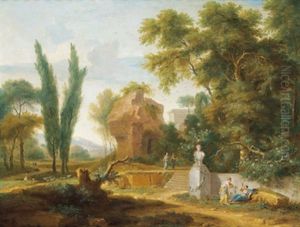 Romantische Landschaft Mit Ruinen, Einer Steinernen Buste Und Jungen Frauen
