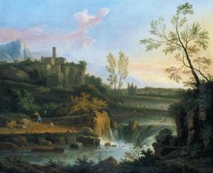 An Extensive Classical River Landscape With A Waterfall And A Fisherman With A Dog On A Path, A Hill-top Town Beyond