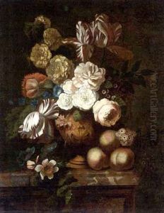A Still Life With Flowers, Peaches And Grapes Upon A Marble Pedestal
