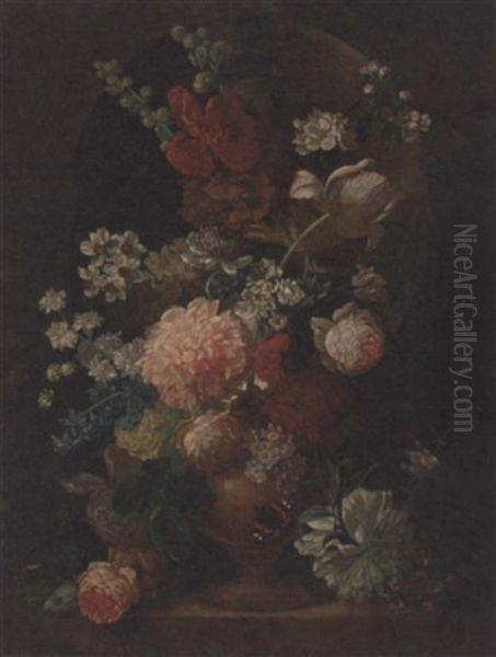 A Parrot Tulip, Roses, Morning Glory And Other Flowers In An Urn In A Niche, With A Butterfly - view 1