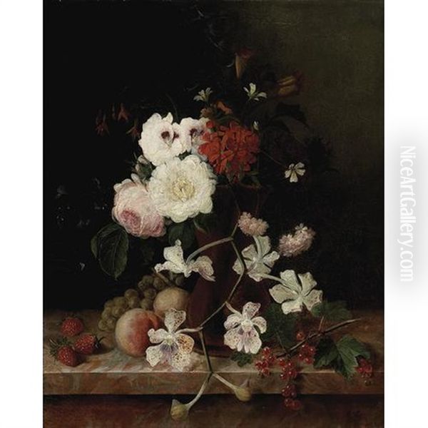 A Still Life With Flowers In An Earthenware Vase With Strawberries And Red Currants On A Ledge - view 1