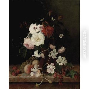 A Still Life With Flowers In An Earthenware Vase With Strawberries And Red Currants On A Ledge by Jan Van Huysum