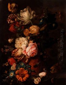 A Still Life With Roses, Irises, Tulips, Primroses And Various Other Flowers In A Terracotta Urn On A Stone Ledge