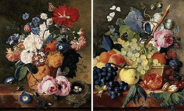Roses And Other Flowers In A Terracotta Vase With A Bird's Nest On A Marble Ledge - view 1