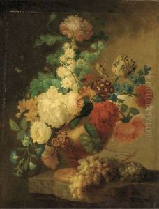 Tulips, Roses, Peonies And Other Mixed Flowers In An Urn With Grapes On A Marble Ledge by Jan Van Huysum