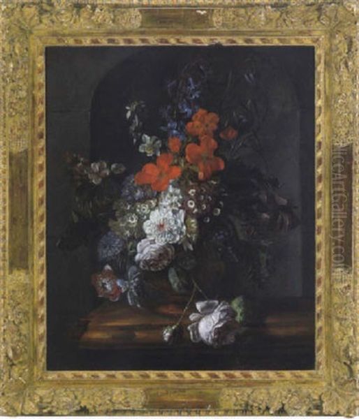 Ein Blumenstraus In Einer Ornamental Verzierten Tonvase - view 1