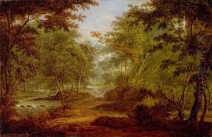 A Wooded River Landscape With A Figure On A Path by Jan Van Huysum