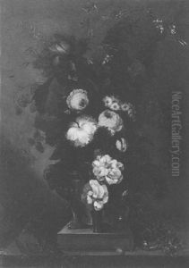 Still Life Of Roses And Other Flowers In A Vase, Resting On A Stone Pedestal by Jan Van Huysum
