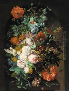 Parrot Tulips, Roses, Poppies, Carnations, Morning Glory, Chrysanthemums In An Urn On A Stone Ledge by Jan Van Huysum