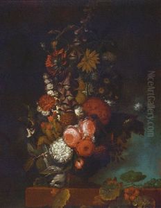Roses, Chrysanthemums, Foxglove, Daisies, A Tulip And Other Flowers In An Urn On A Ledge by Jan Van Huysum