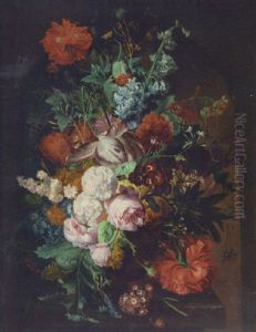 Parrot Tulips, Roses, Poppies, Carnations, Morning Glory, Chysanthemums In An Urn On A Stone Ledge, With A Snail, Butterflies And Other Insects by Jan Van Huysum