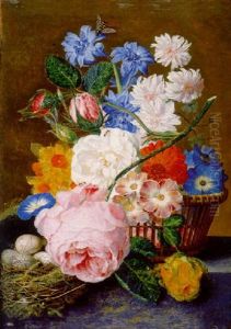 Roses, Morning Glory, Narcissi, Aster, And Other Flowers In A Basket, With Eggs In A Nest On A Marble Ledge
