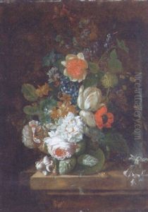Roses, A Tulip, A Poppy And Other Flowers In A Glass Vase With A Snail And A Butterfly On A Stone Ledge In A Niche by Jan Van Huysum