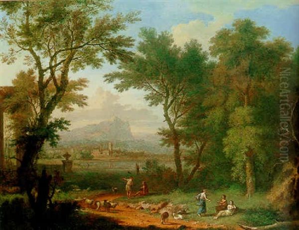A Classical Landscape With Figures In The Foreground, A Town Beyond - view 1