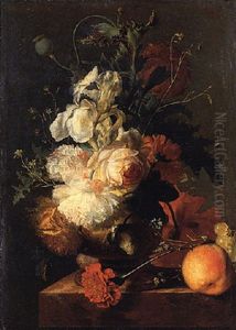 A Rose, An Iris, Carnations And Poppies In A Vase With A Peach And Grapes On A Marble Ledge by Jan Van Huysum