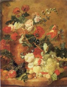 Roses, Carnations And Other Flowers In A Vase With A Pomegranate, Peaches And Other Fruit On A Ledge