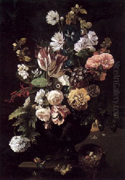 Still Life Of Various Flowers In A Sculpted Vase, With A Bird's Nest, All On A Ledge - view 1