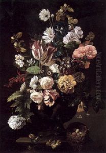 Still Life Of Various Flowers In A Sculpted Vase, With A Bird's Nest, All On A Ledge by Jan Van Huysum
