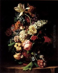 Still Life Of Variegated Tulips, Daffodils, Rose, Peonies, And Other Flowers In A Sculpted Terracotta Vase, All On A Stone Ledge by Jan Van Huysum