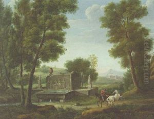 An Italianate Landscape With Travellers By A Classical Fountain An Italianate Landscape With Travellers By A Classical Fountain