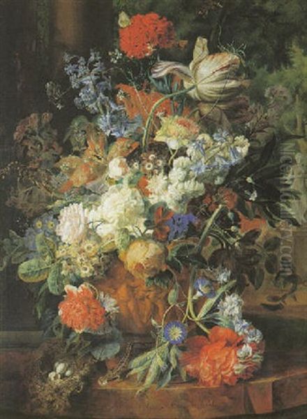 Still Life Of Roses, Hyacinths And Other Flowers In A Terracotta Urn, Together With A Bird's Nest - view 1