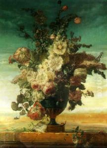 Still Life With Flowers In An Urn On A Ledge by Jan Van Huysum
