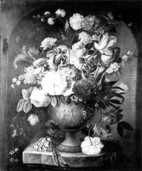 Still Life Of Mixed Flowers In A Terracotta Urn On A Ledge - view 1