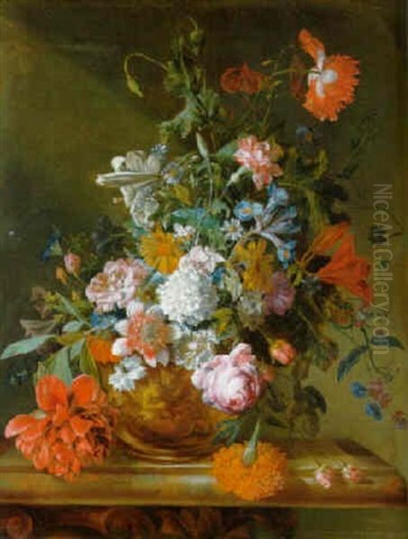 Flowers In A Sculpted Urn On A Plinth - view 1