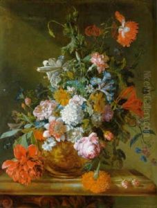 Flowers In A Sculpted Urn On A Plinth