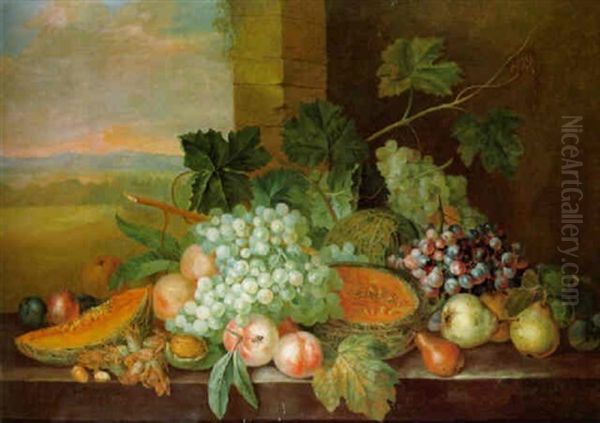 Fruits And Nuts On A Ledge, A Landscape Beyond - view 1