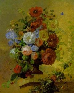 Flowers In An Urn On A Ledge by Jan Van Huysum