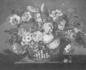 Still Life Of Flowers In A Basket On A Table by Jan Van Huysum