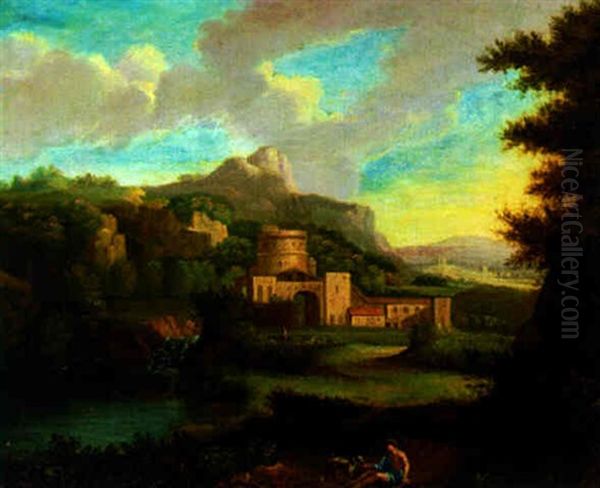 A Mountainous Landscape With A Shepherd Resting By A Waterfall, A Castle Beyond - view 1