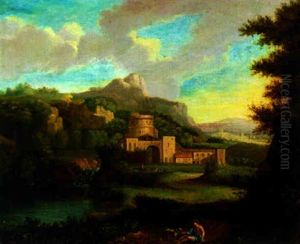 A Mountainous Landscape With A Shepherd Resting By A Waterfall, A Castle Beyond