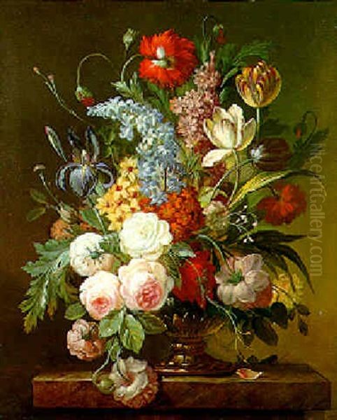 Mixed Flowers In A Vase On A Marble Ledge - view 1