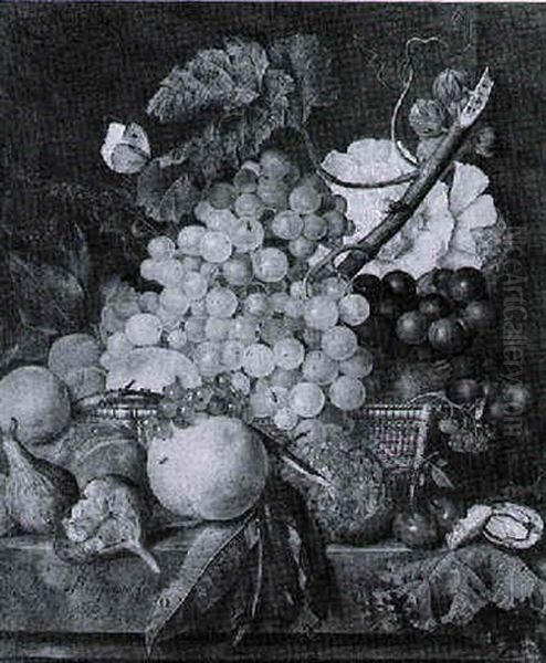 Still Life Of Hollyhocks, Grapes, Vines And Fruit In A Basket On A Stone Ledge With Insects - view 1