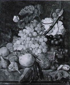 Still Life Of Hollyhocks, Grapes, Vines And Fruit In A Basket On A Stone Ledge With Insects Still Life Of Hollyhocks, Grapes, Vines And Fruit In A Basket On A Stone Ledge With Insects