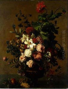Roses, Lilies, Aquilegia, Nasturtiums, Poppies, A Sunflower And Other Flowers In A Vase, With Grapes And An Apple On A Stone Ledge by Jan Van Huysum