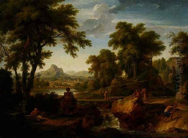 An Arcadian Landscape With A Shepherd Crossing A Bridge And Other Figures In The Foreground - view 1