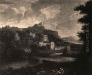 A Mountainous Landscape With A Shepherd Resting By A Waterfall by Jan Van Huysum