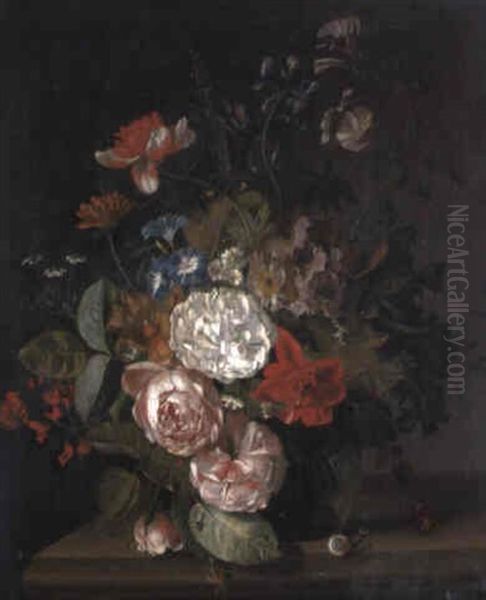 Roses, Primulas...in A Glass Vase On A Ledge - view 1