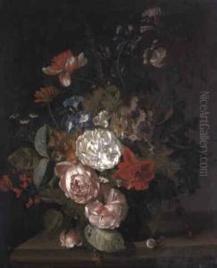 Roses, Primulas...in A Glass Vase On A Ledge by Jan Van Huysum