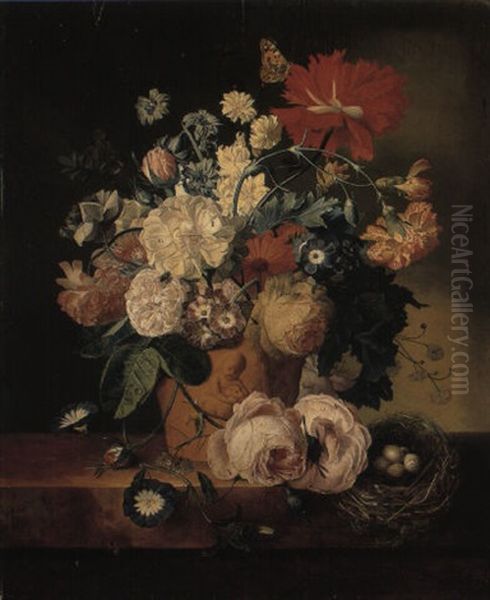 Pink And White Roses And Other Flowers And A Bird's Nest On A Ledge - view 1